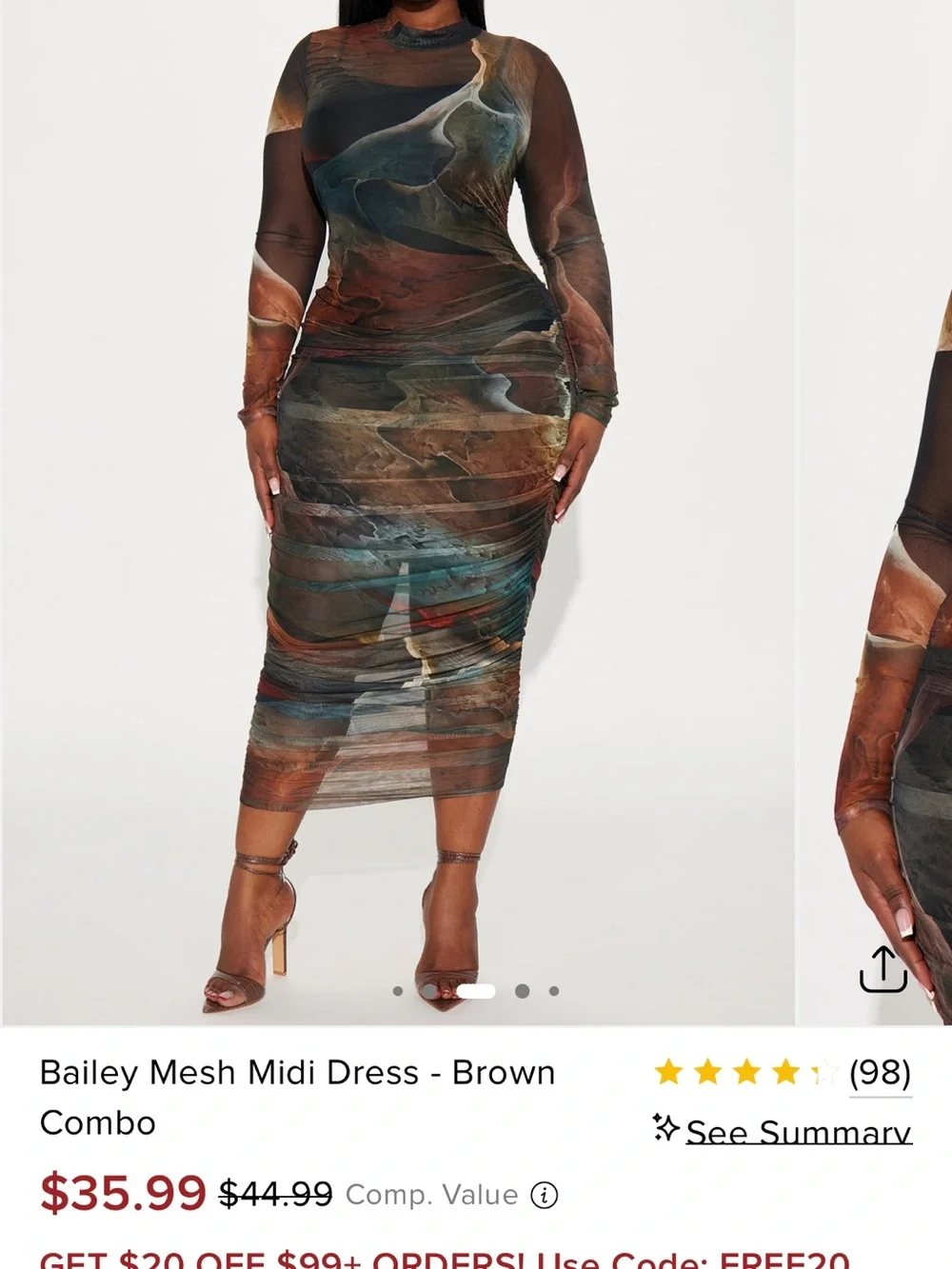 Mesh Ruched Midi Dress in Brown Multi - Picture 1 of 1